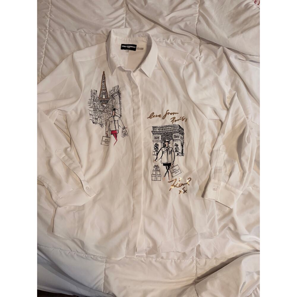 Karl Lagerfeld Paris Medium White Eiffel Tower Paris Graphic Blouse Embroidered - Picture 2 of 10